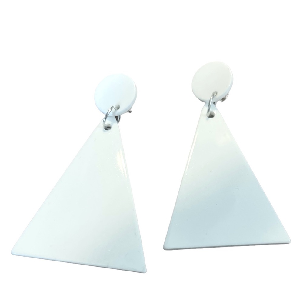 Retro‎ 1960’s Mod Inspired Clip On Triangle Earrings, Drop Style, White, XL